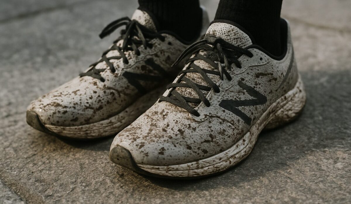 Chaussures de sport avec éclaboussures sur un sol urbain, gros plan.