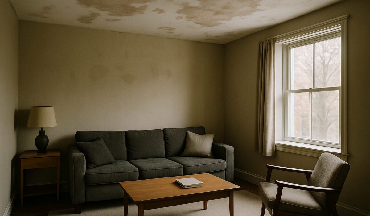 Plafond taché dans un salon, avec lumière douce entrant par la fenêtre.