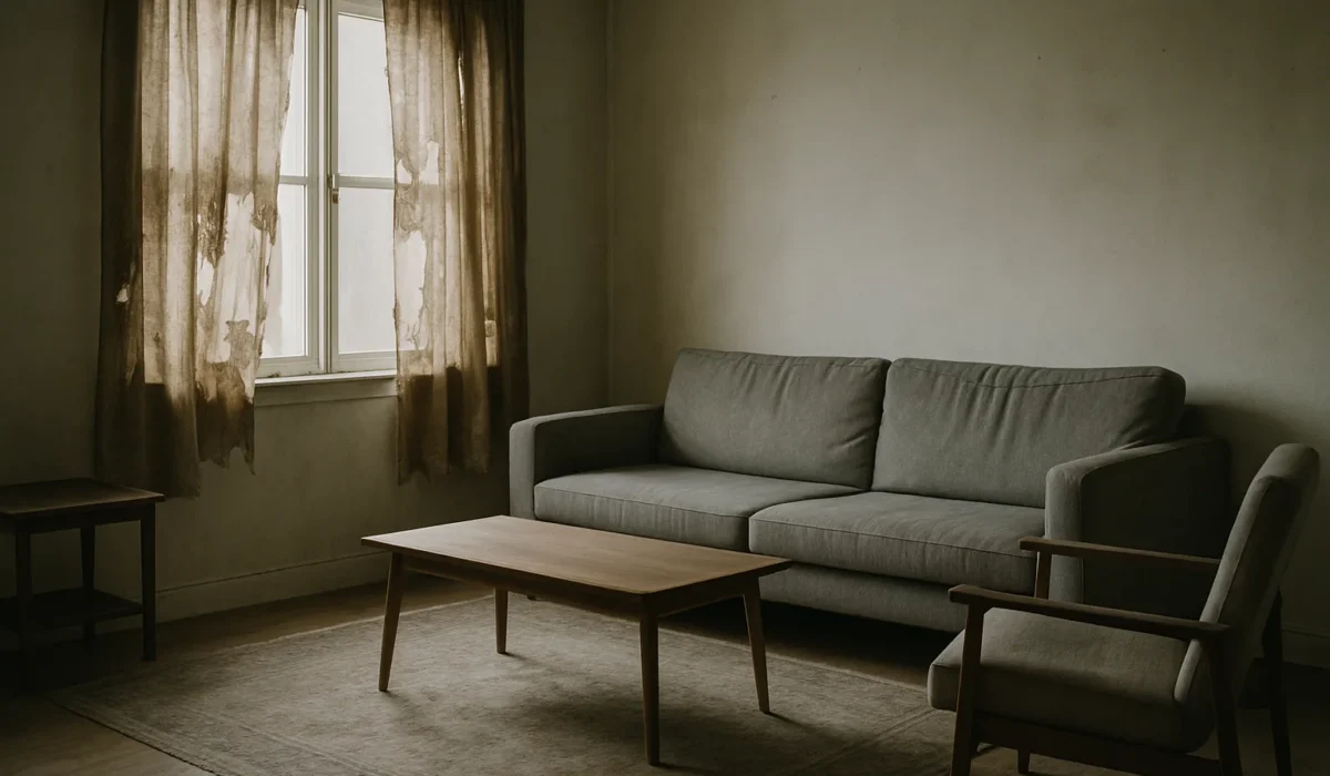 Salon avec rideaux abîmés et tapis usé, lumière naturelle, mobilier minimaliste.