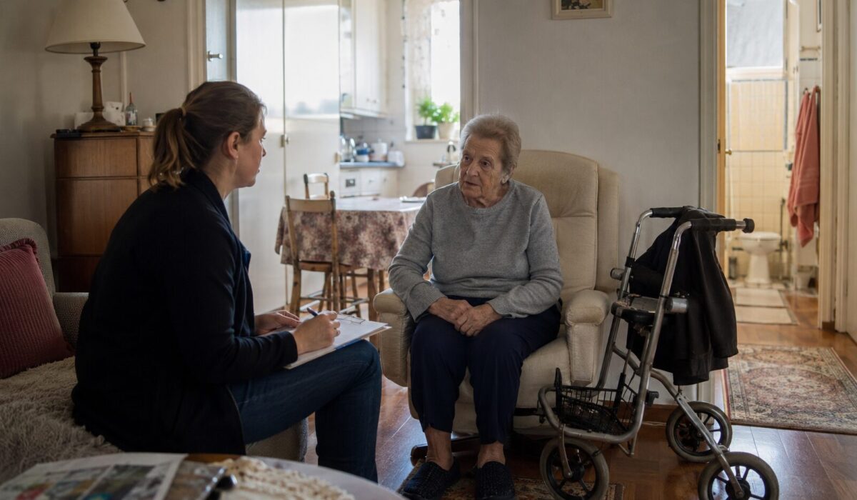 Professionnelle de santé échangeant avec une patiente âgée à domicile pour évaluer l’état du logement, la mobilité et les besoins d’adaptation