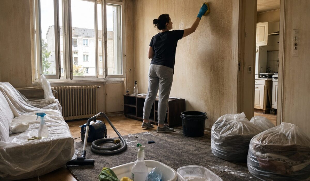 Personne nettoyant un mur jauni par la fumée froide dans un logement très sale avec textiles, tapis et meubles à désodoriser