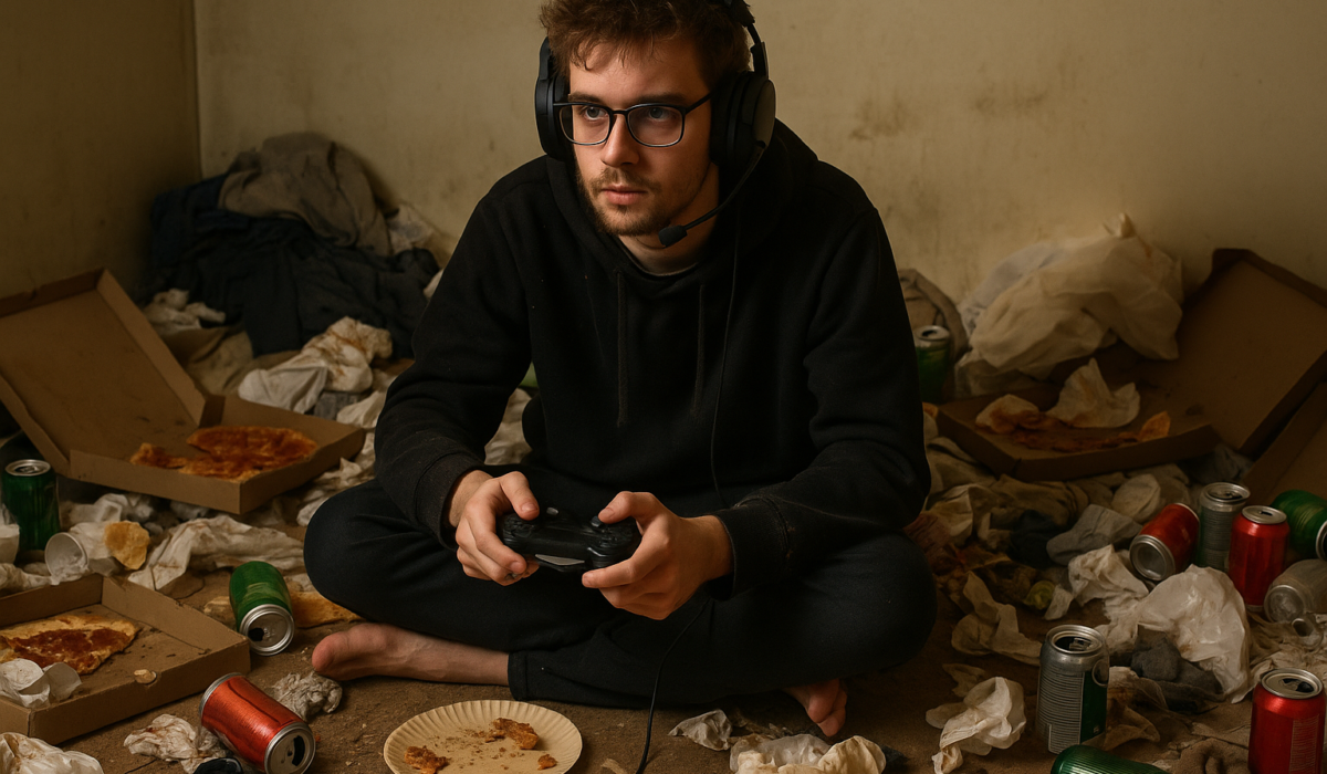 Jeune gamer en casque micro jouant dans une chambre en désordre, jonchée de détritus et de nourriture abandonnée.