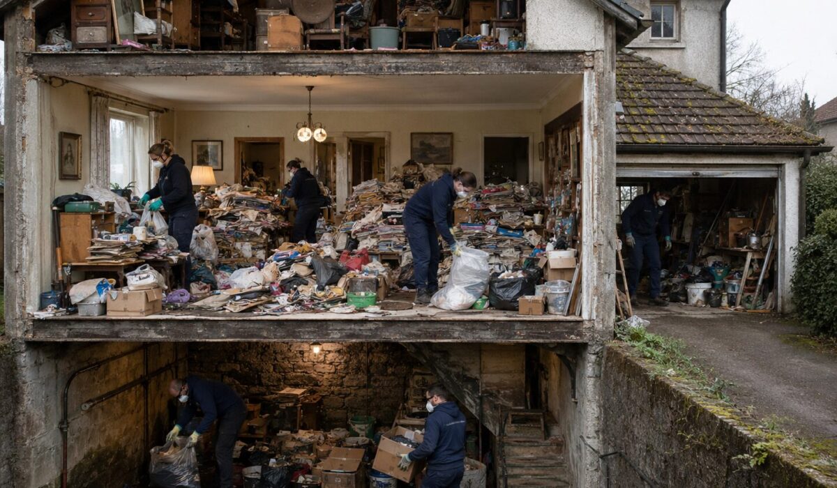 Équipe de nettoyage spécialisée intervenant dans une maison encombrée par un syndrome de Diogène avec garage, grenier et cave