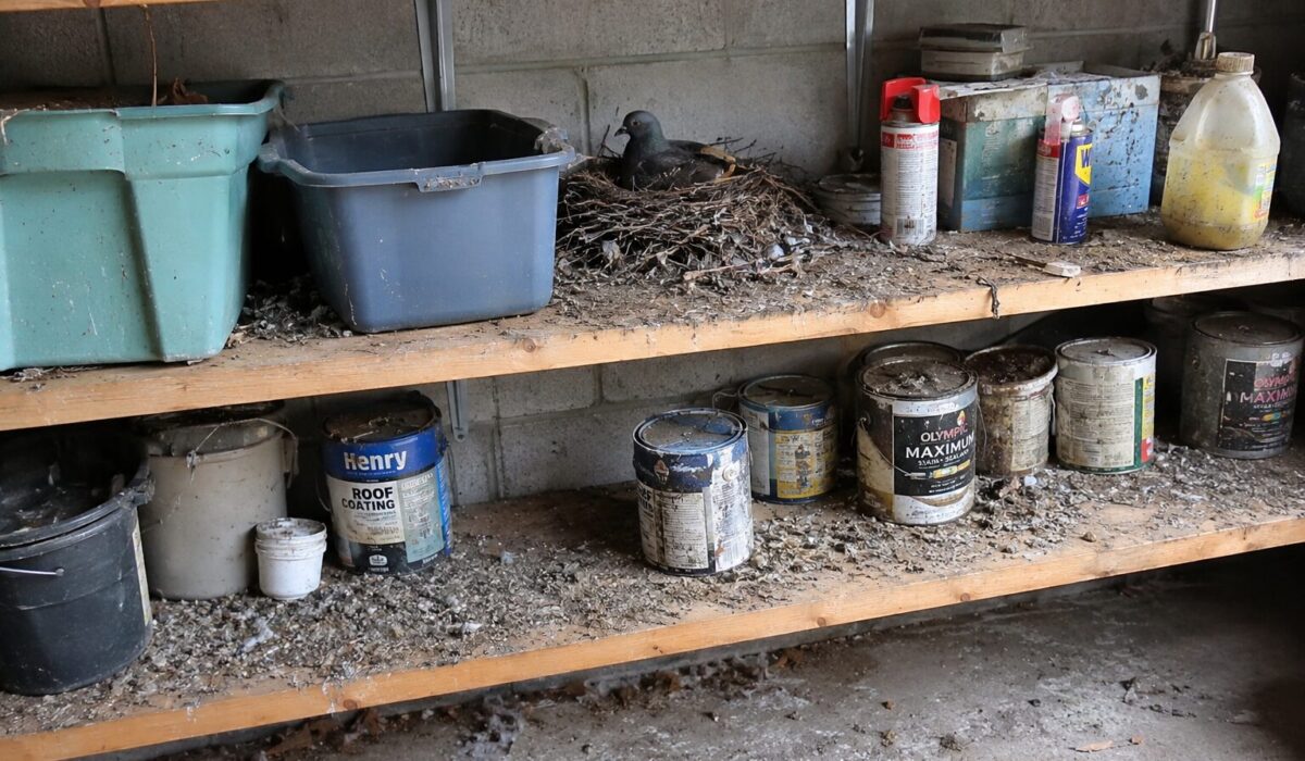 Garage encombré avec étagères souillées par des fientes de pigeons, nid d’oiseau et objets contaminés à nettoyer