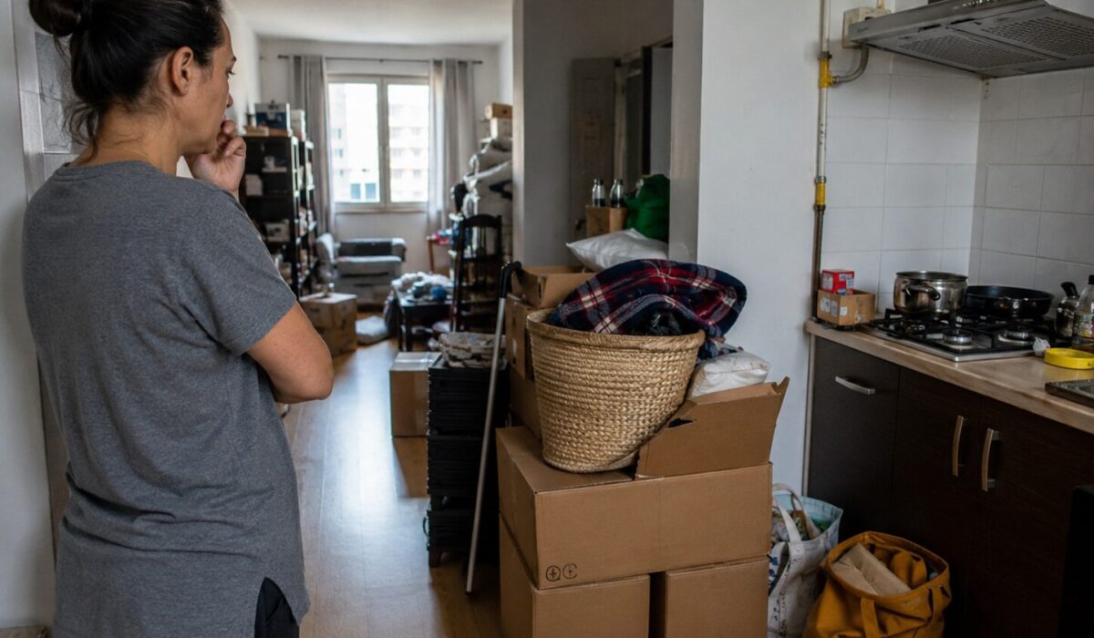 Personne inquiète repérant un risque de fuite de gaz dans un appartement encombré avant d’ouvrir les fenêtres