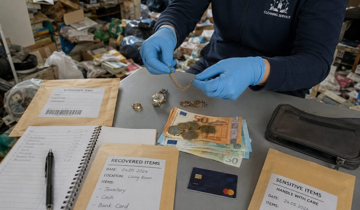 Professionnel du débarras Diogène triant avec des gants des bijoux, de l’argent liquide et une carte bancaire retrouvés dans un logement encombré.