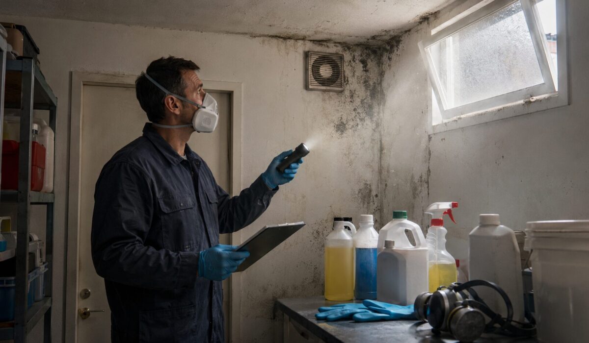 Technicien inspectant un local mal ventilé avec moisissures, produits chimiques, solvants et équipement de protection