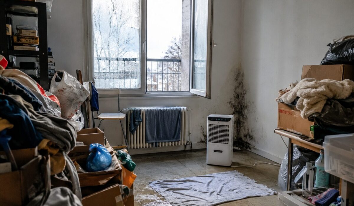 Logement Diogène en hiver avec humidité, fenêtre entrouverte, moisissures, encombrement et déshumidificateur pour assainir l’air intérieur