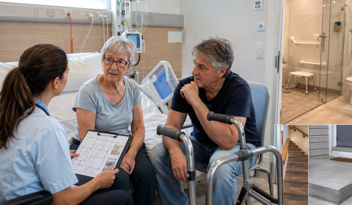 Patiente hospitalisée préparant son retour à domicile avec une soignante et un proche autour d’un projet d’adaptation du logement.