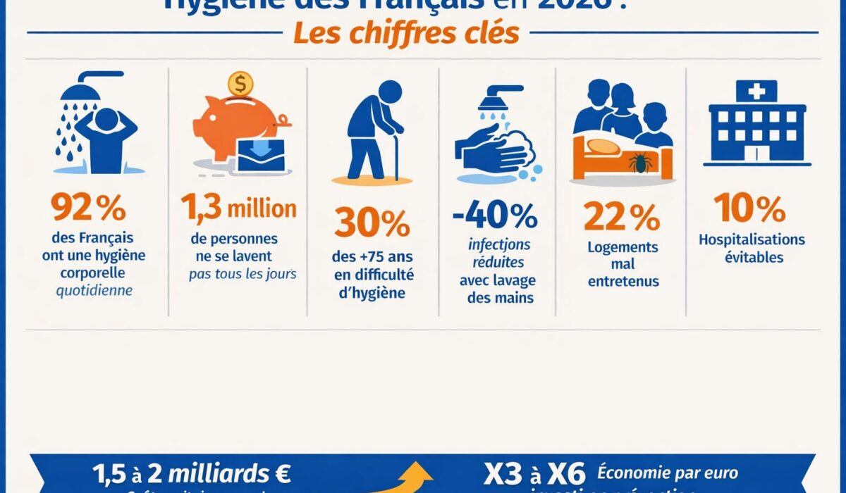 Infographie horizontale présentant les principaux chiffres sur l’hygiène des Français en 2026, incluant l’hygiène corporelle, le lavage des mains, les inégalités sociales, les impacts sanitaires et les coûts pour la santé publique.