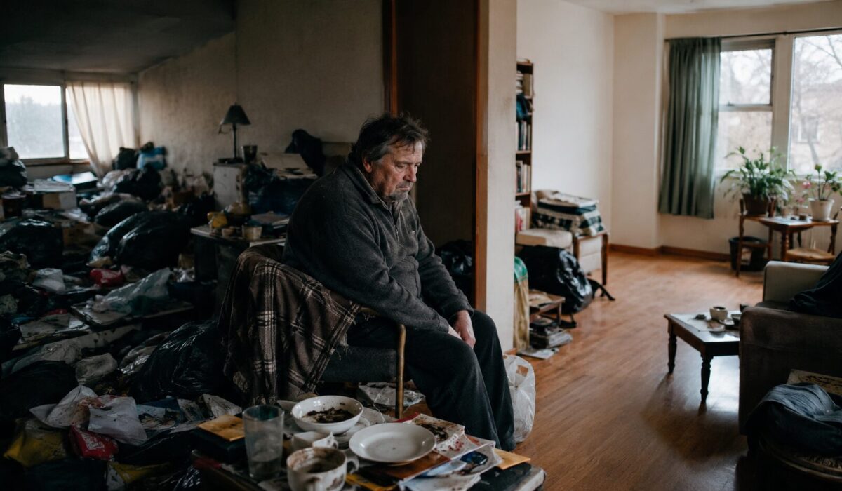 Homme assis dans un logement très encombré illustrant une situation d’incurie avancée et d’isolement