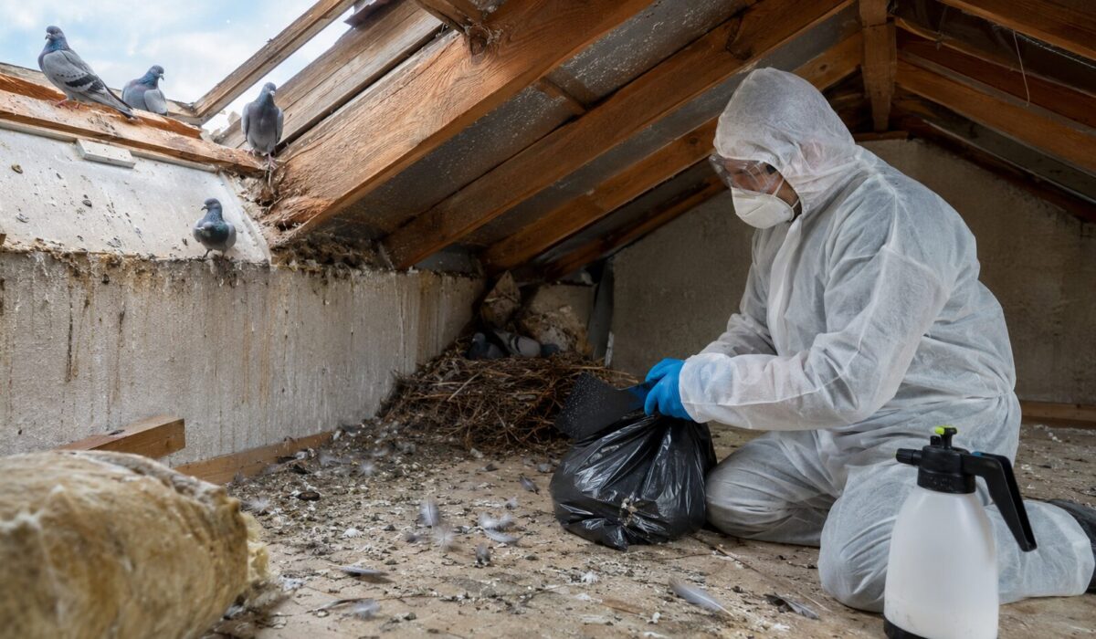 Professionnel en combinaison nettoyant un grenier infesté par des pigeons avec fientes, plumes et nids