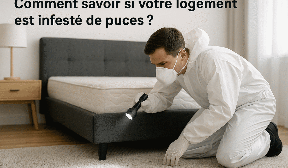 Un technicien équipé d'une combinaison, de gants et d'un masque de protection inspecte à la lampe torche la base d'un lit et un tapis dans une chambre moderne, à la recherche d’indices d’une infestation de puces.