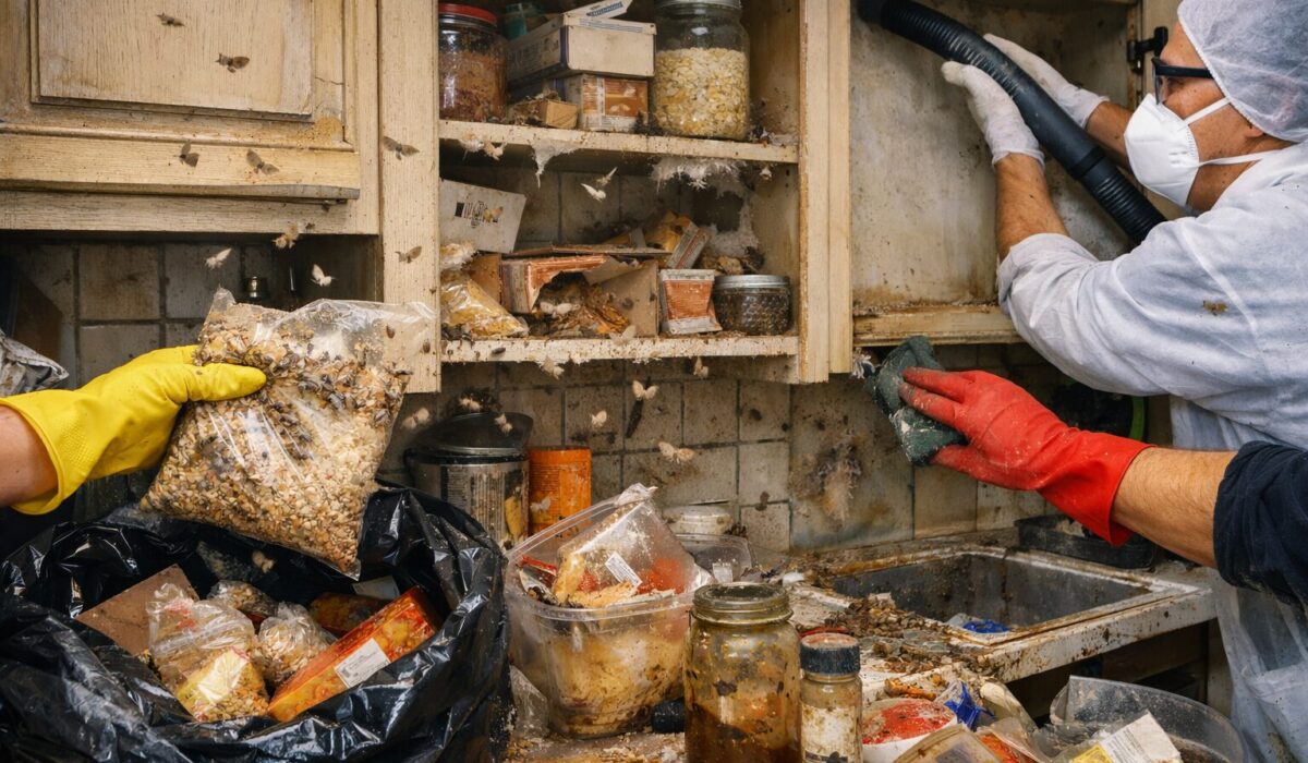 Infestation de mites alimentaires dans une cuisine très sale avec inspection des placards, des denrées sèches et nettoyage en profondeur