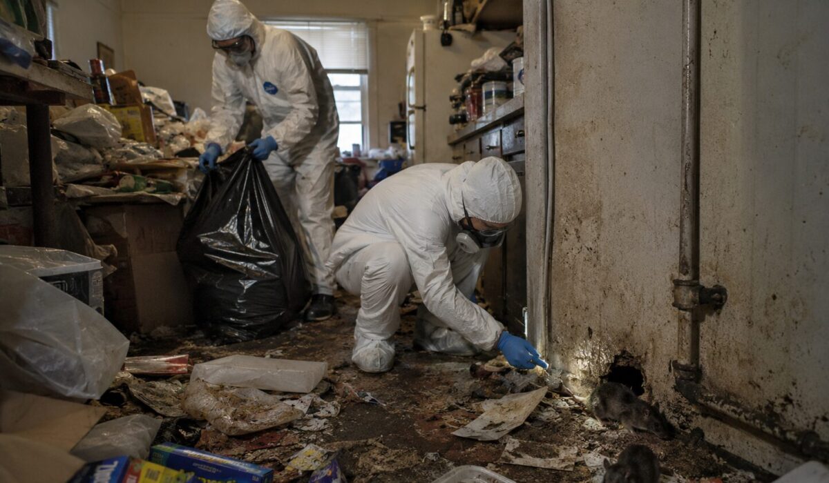 Intervention professionnelle dans un logement Diogène infesté par des rats avec nettoyage, débarras et dératisation