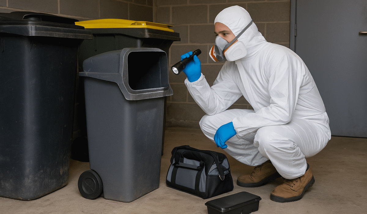 Un technicien en combinaison de protection blanche et masque de filtration inspecte l’intérieur d’une poubelle dans un local commun d’immeuble, à l'aide d'une lampe torche. Près de lui, du matériel de dératisation est posé au sol, comprenant une station d’appâtage et une mallette d'intervention.