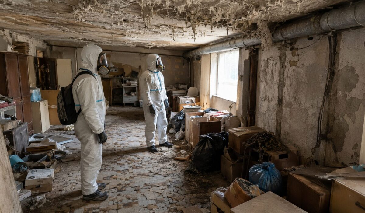 Professionnels en combinaison inspectant un logement très encombré avec dalles anciennes, flocage dégradé et conduits suspects d’amiante lors d’un débarras extrême.