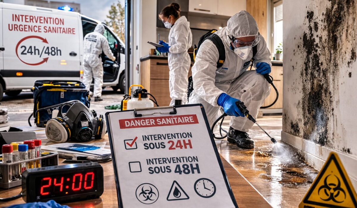 Technicien en combinaison de protection intervenant dans un logement touché par un danger sanitaire immédiat avec évaluation d’un délai d’intervention sous 24h ou 48h