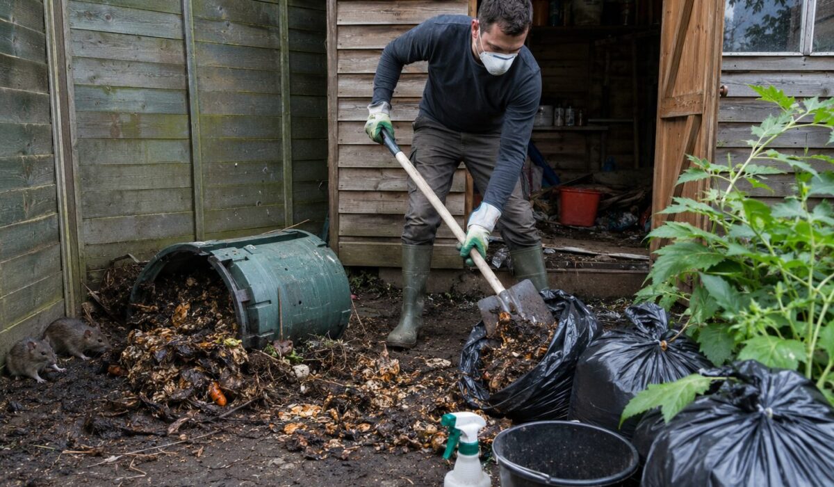 Personne équipée de gants, bottes et masque nettoyant un cabanon de jardin avec déchets organiques, compost pourri et présence de rats.