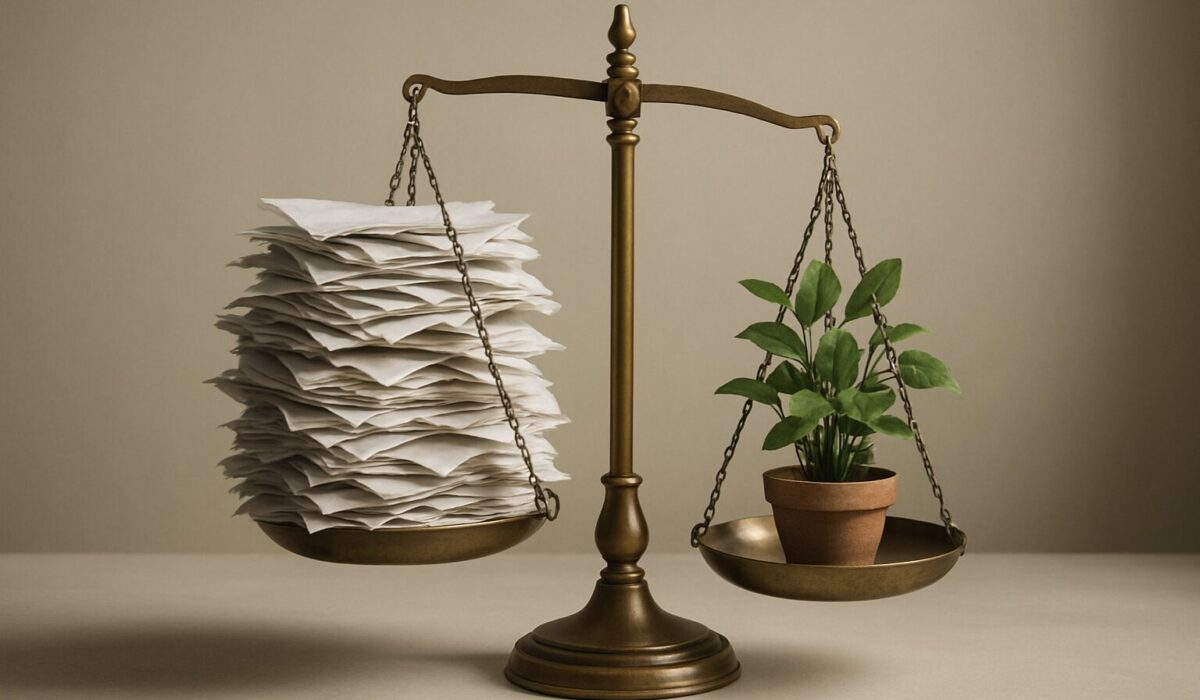 Balance équilibrée avec papiers désordonnés d'un côté et plantes de l'autre, lumière douce.