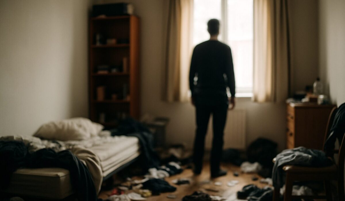 Silhouette floue dans une chambre en désordre, lumière douce, désordre visible