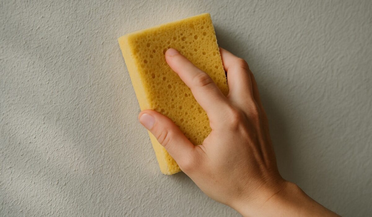 Éponge humidifiée nettoyant un mur avec une main en action, lumière naturelle.