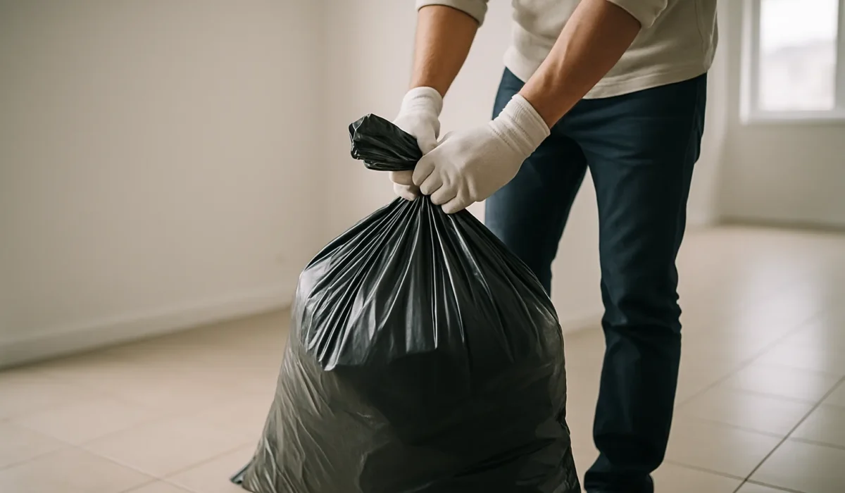 Mains gantées soulevant un sac-poubelle rempli dans un appartement vide.