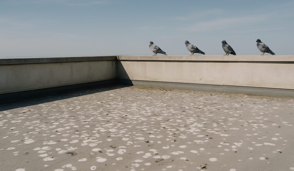 Toit en terrasse avec des fientes de pigeon et quelques pigeons perchés.