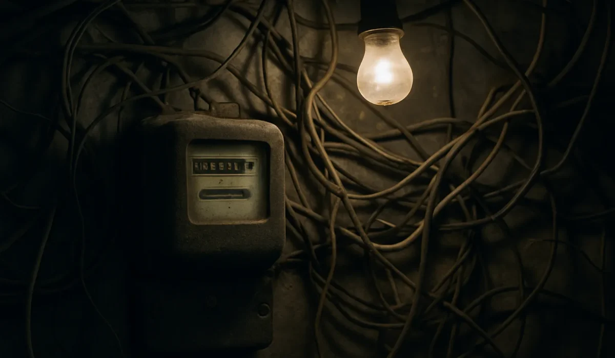 Ancien compteur électrique poussiéreux avec câbles emmêlés, lumière tamisée.