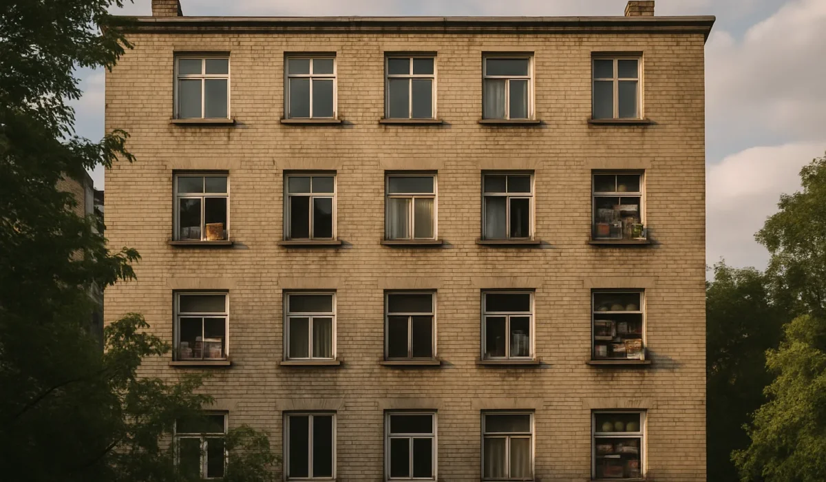 Façade d'immeuble avec fenêtres encombrées d'objets, ciel nuageux.