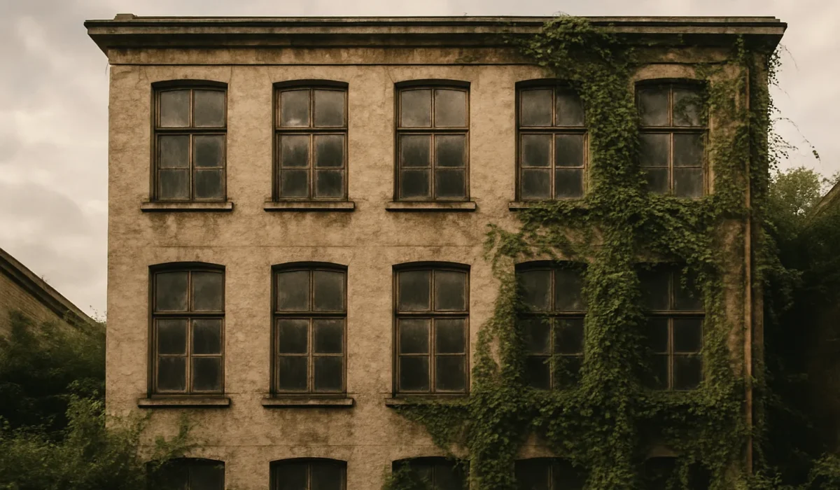 Façade d'un immeuble ancien avec des fenêtres sales et des plantes envahissantes