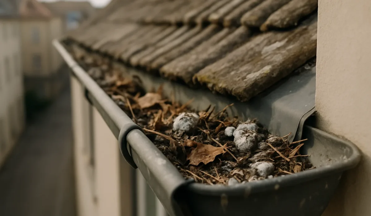Gouttière d'immeuble obstruée par des fientes de pigeon et débris naturels