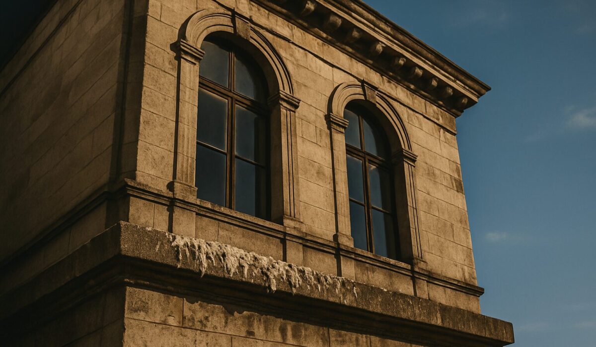 Bâtiment ancien avec des fientes de pigeon sur le rebord sous un ciel bleu.