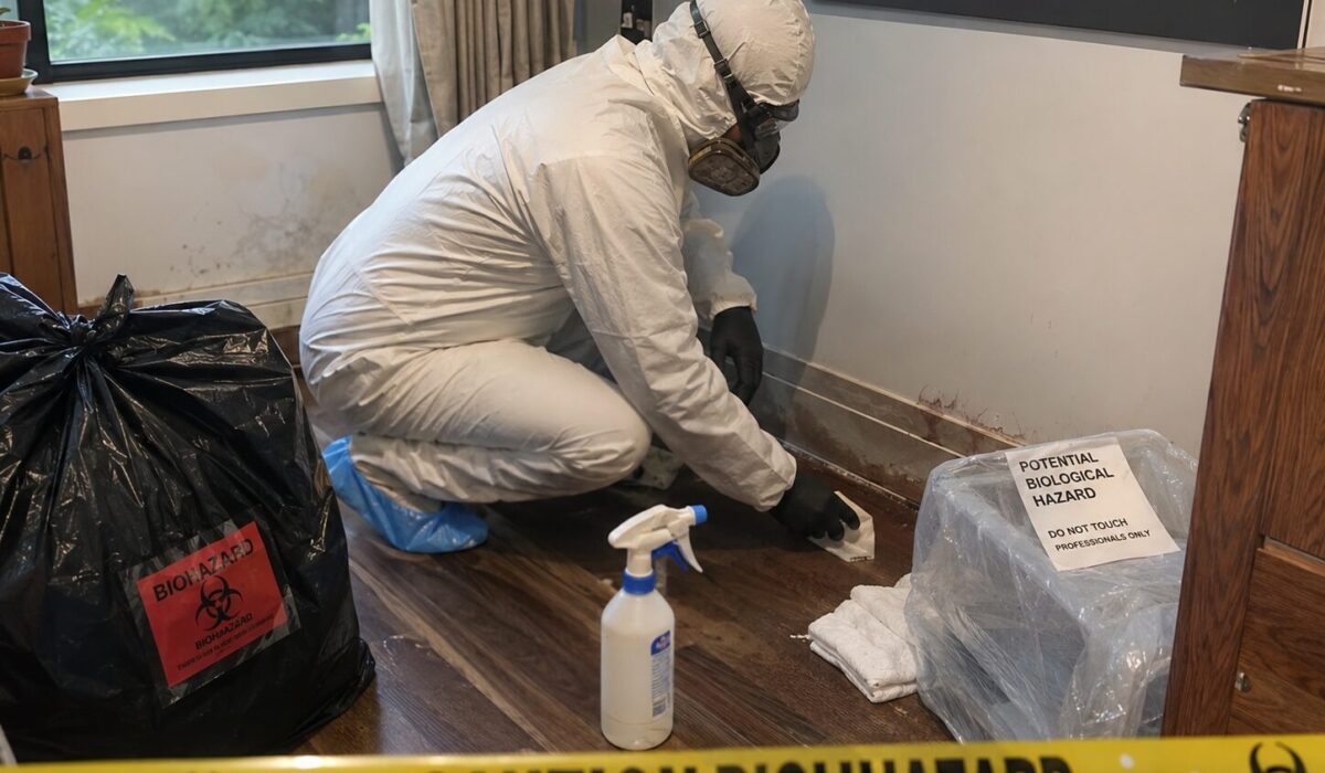 Technicien en combinaison de protection intervenant dans un logement contaminé par des restes biologiques ou un animal mort