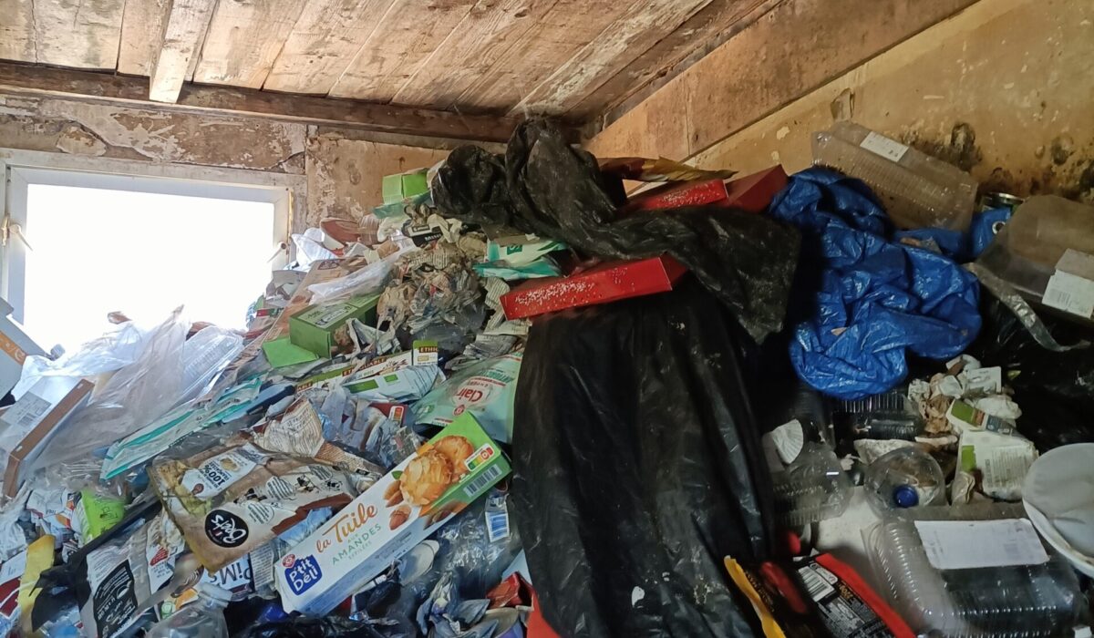 Logement très encombré de déchets et d’objets avant tri et nettoyage Diogène