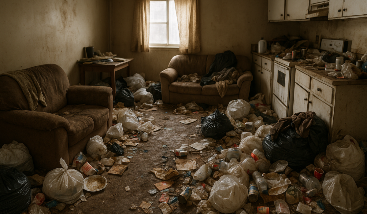 Photo réaliste d’un logement insalubre typique du syndrome de Diogène, montrant une pièce encombrée de déchets, papiers et vêtements, avant nettoyage par une entreprise spécialisée.