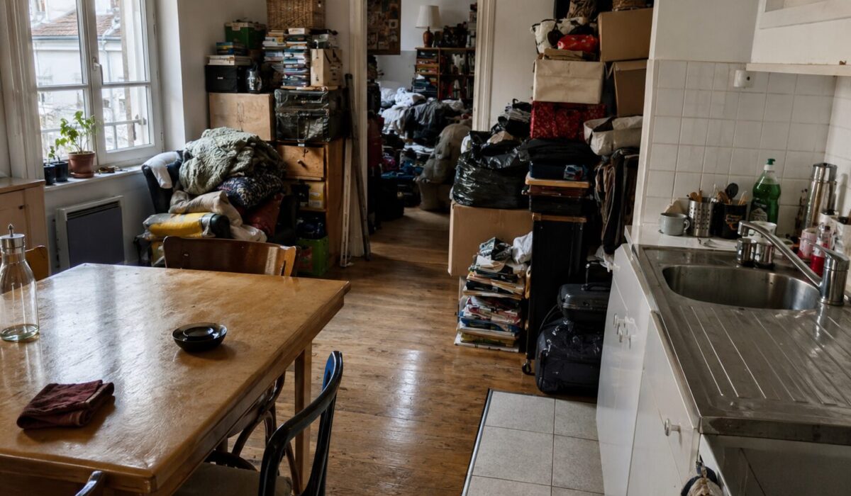 Appartement partiellement nettoyé mais encore encombré, illustrant une situation d’incurie qui s’aggrave malgré les efforts de rangement.