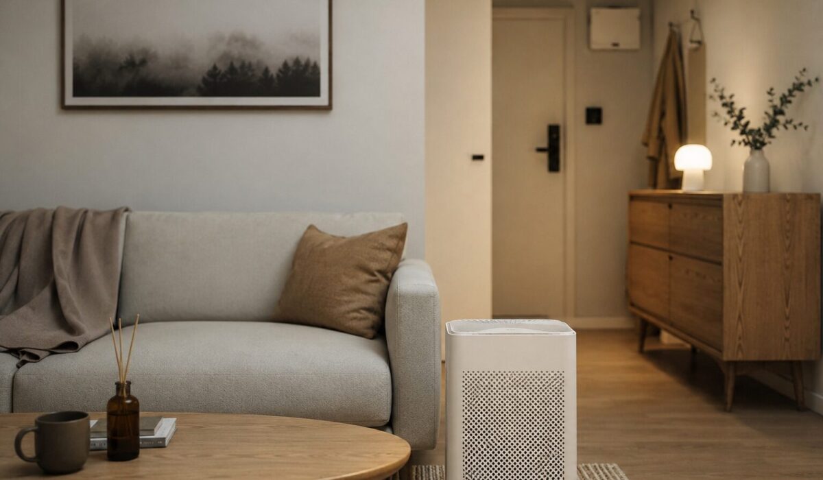 Intérieur de logement sans fenêtres ouvrantes avec purificateur d’air pour éliminer les mauvaises odeurs