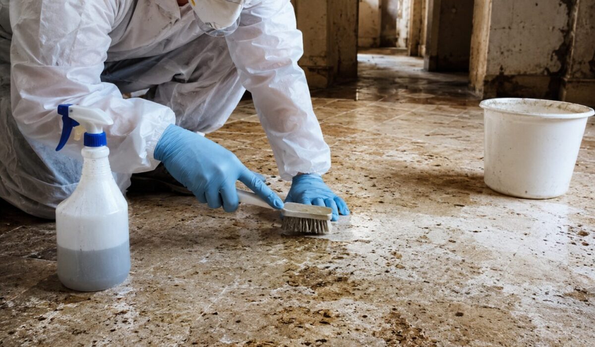 Agent équipé de protections nettoyant une surface en pierre poreuse tachée dans une maison insalubre
