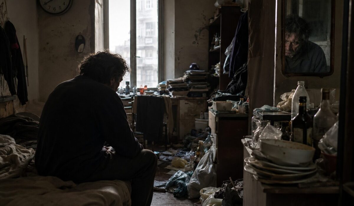 Personne isolée dans un logement encombré illustrant la maladie, l’incurie et la rupture avec le temps, le corps et l’espace.