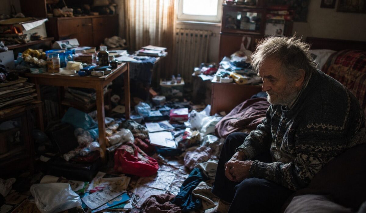 Patient en situation d’incurie dans un logement désordonné, accompagné avec bienveillance par un professionnel de santé mentale