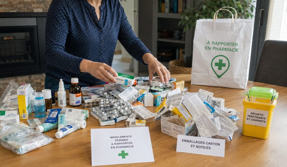 Personne triant une grande quantité de médicaments périmés, emballages carton, notices et déchets perforants avant dépôt en pharmacie
