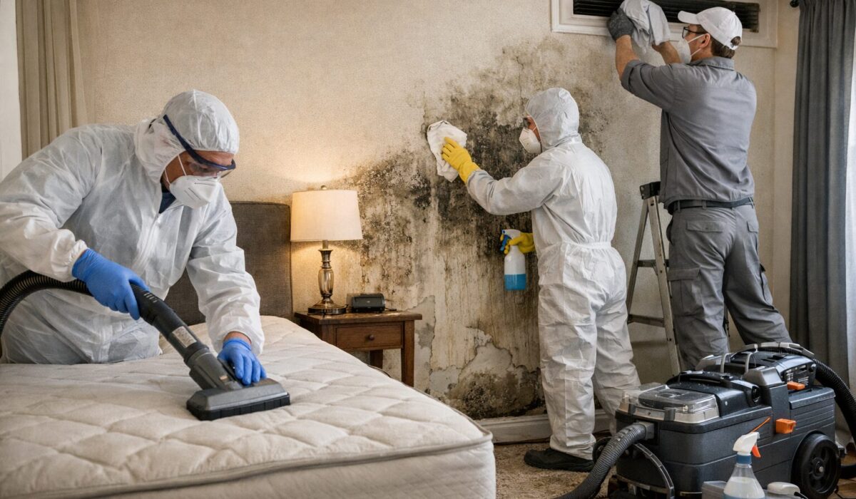 Intervention professionnelle pour réduire les allergènes, acariens et spores dans une chambre après remise en état avec nettoyage du matelas, du mur et de la ventilation