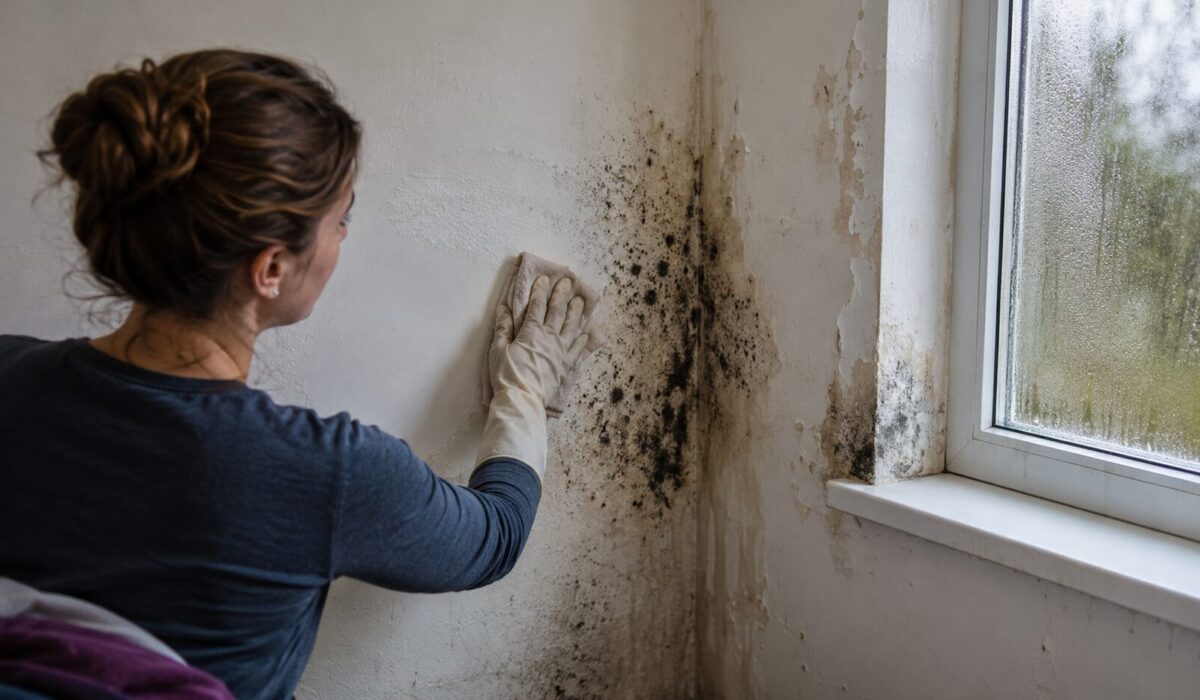 Personne nettoyant un mur moisi près d’une fenêtre avec condensation, illustrant le retour de la moisissure après nettoyage à cause d’une humidité non traitée