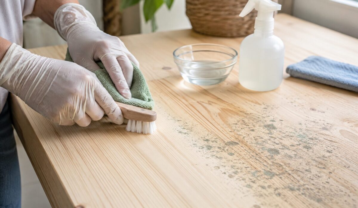 Nettoyage doux de traces de moisissures sur une table en bois brut avec une brosse souple et un chiffon, sans noircir le bois