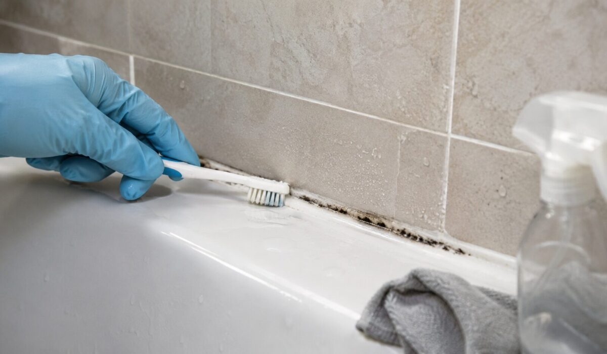 Main gantée nettoyant des taches noires de moisissures sur un joint en silicone de baignoire avec une brosse à dents