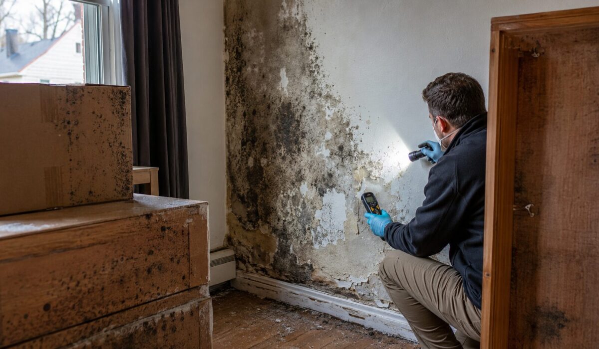 Inspection d’un mur humide avec moisissures structurelles après enlèvement de meubles et cartons contre la paroi