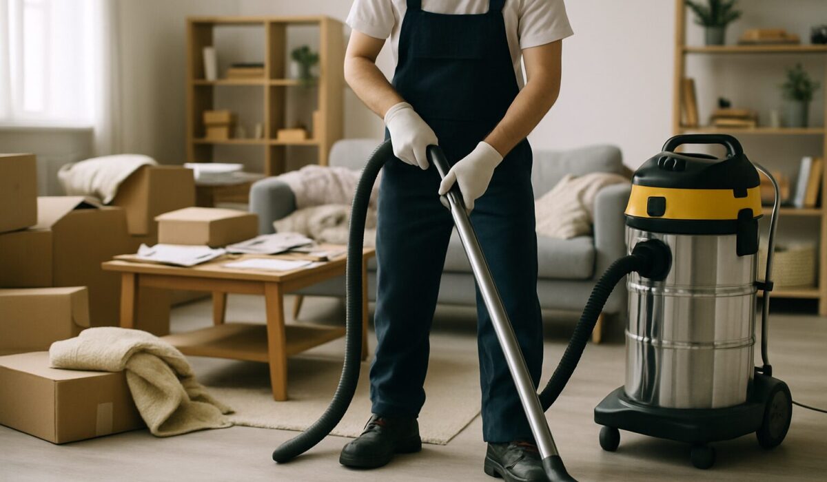 Professionnel nettoyant un appartement encombré avec un aspirateur industriel.