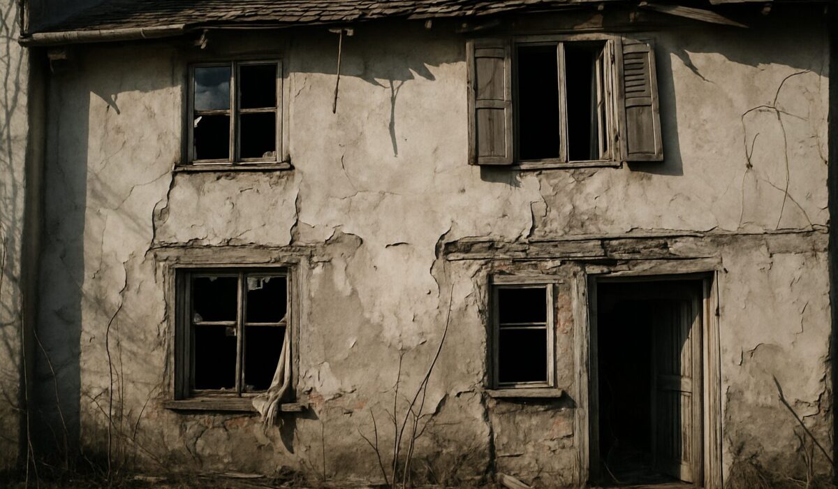 Façade d'une maison en désordre, éclairée par la lumière du jour, signe du syndrome de Diogène.