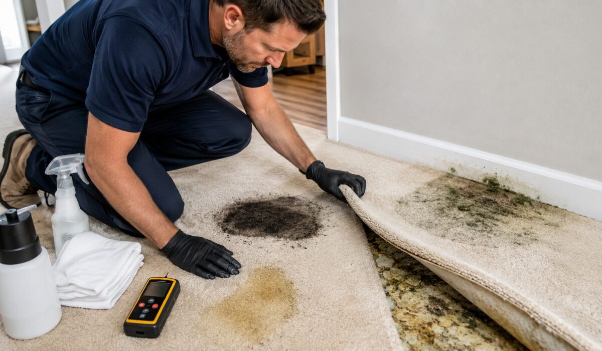 Professionnel inspectant une moquette tachée par l’urine, la graisse et les moisissures avec sous-couche contaminée visible